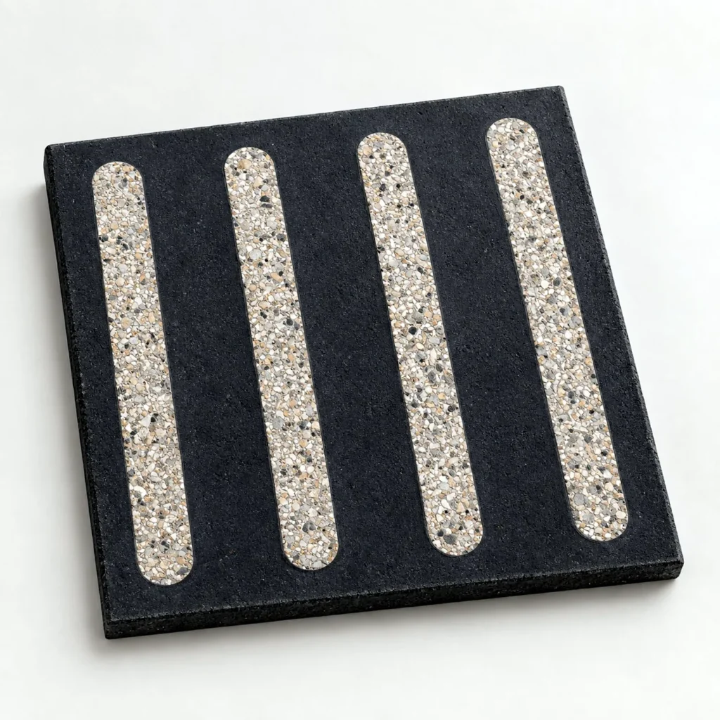 Directional tactile paving tile with raised parallel bars