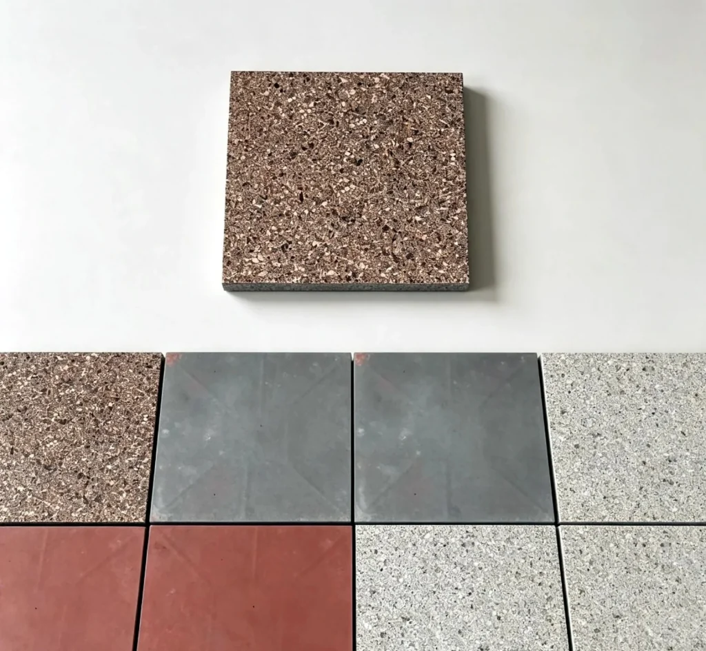 Square tuff tile in brown, grey, red and light grey colors