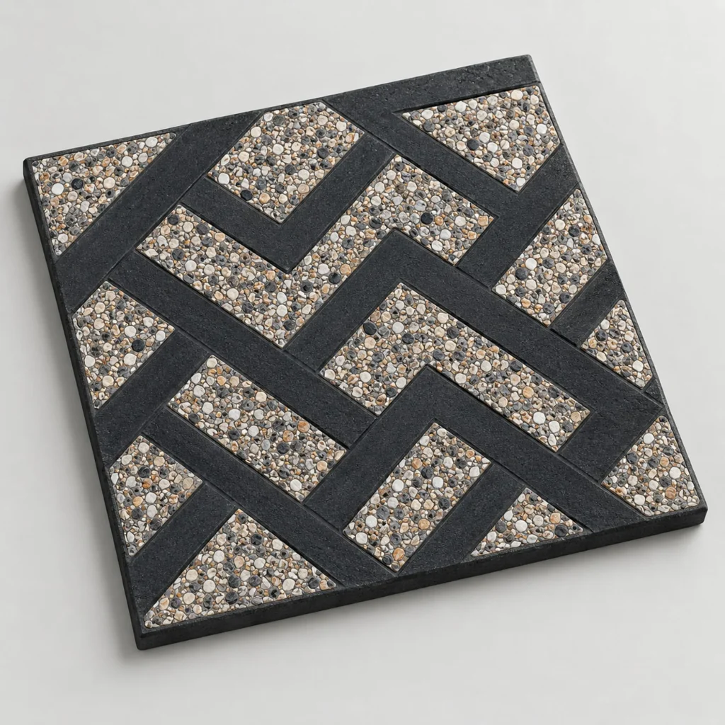 Zigzag pattern tuff tile with white aggregate on dark grey base