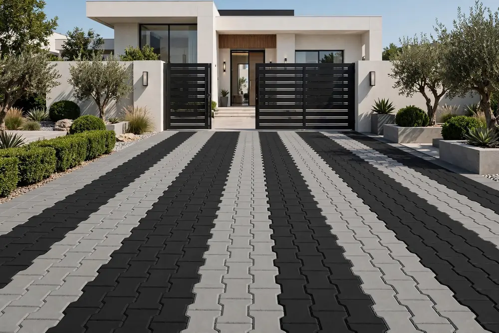 Zigzag interlocking pavers black and grey villa Karachi - Shah Tuff Tiles