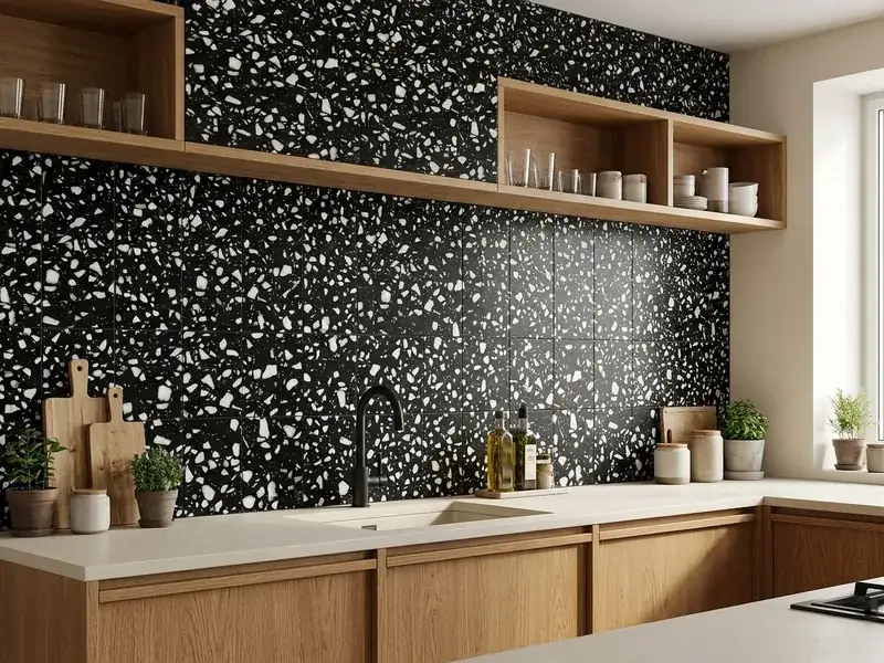 Black terrazzo kitchen wall
