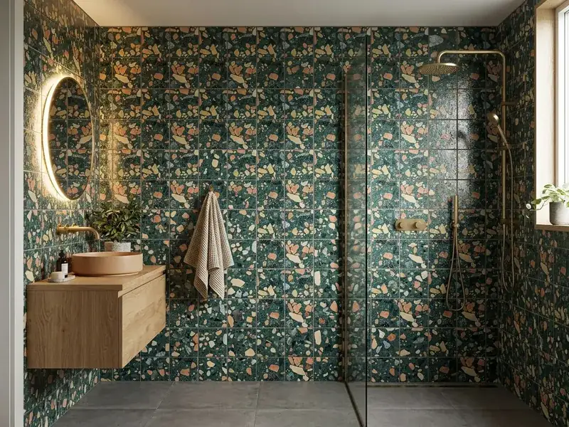 Green terrazzo bathroom wall