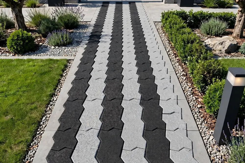 Zigzag interlocking pavers home entrance black and grey Karachi - Shah Tuff Tiles