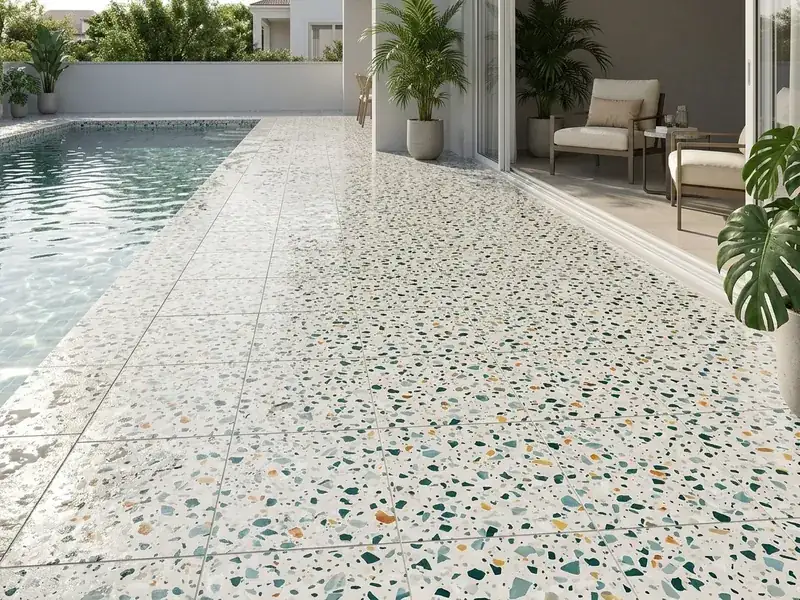 White terrazzo pool deck